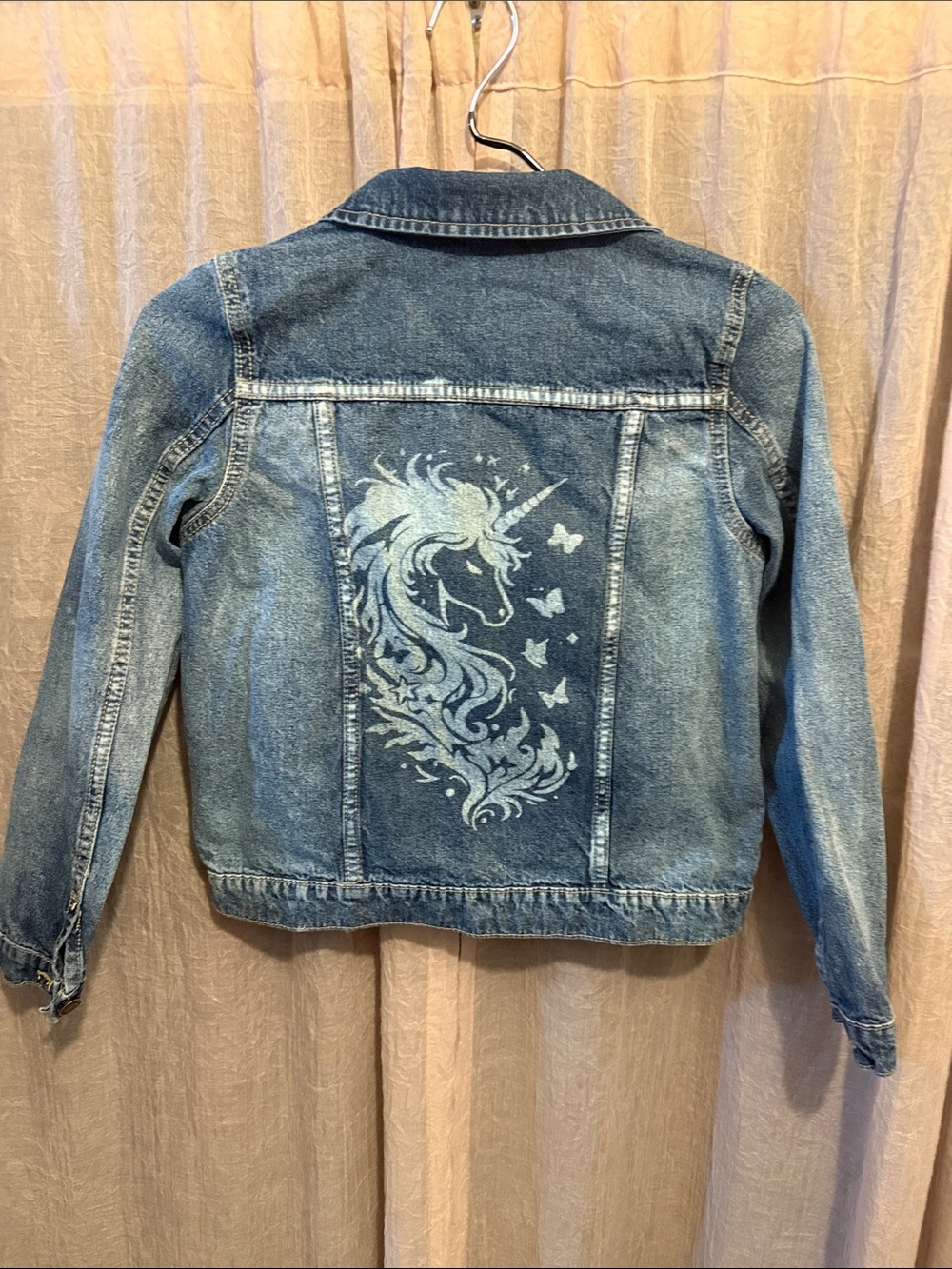 Girls' Light Blue Denim Jacket with Unicorn Back Graphic